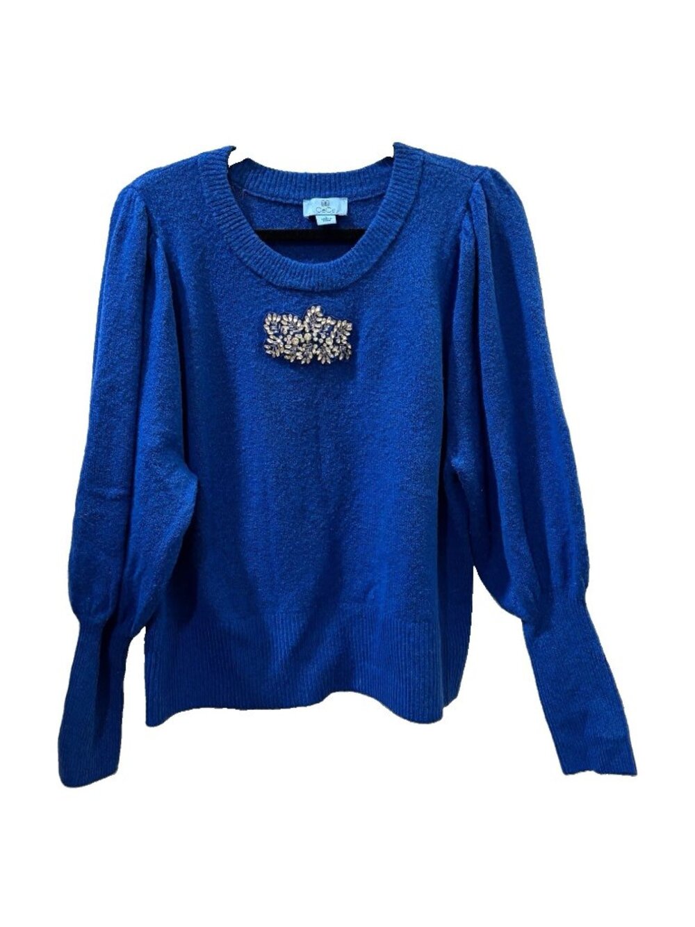CeCe Blue Beaded Crew Neck Knit Pullover Sweater Women L Puff Long Sleeve